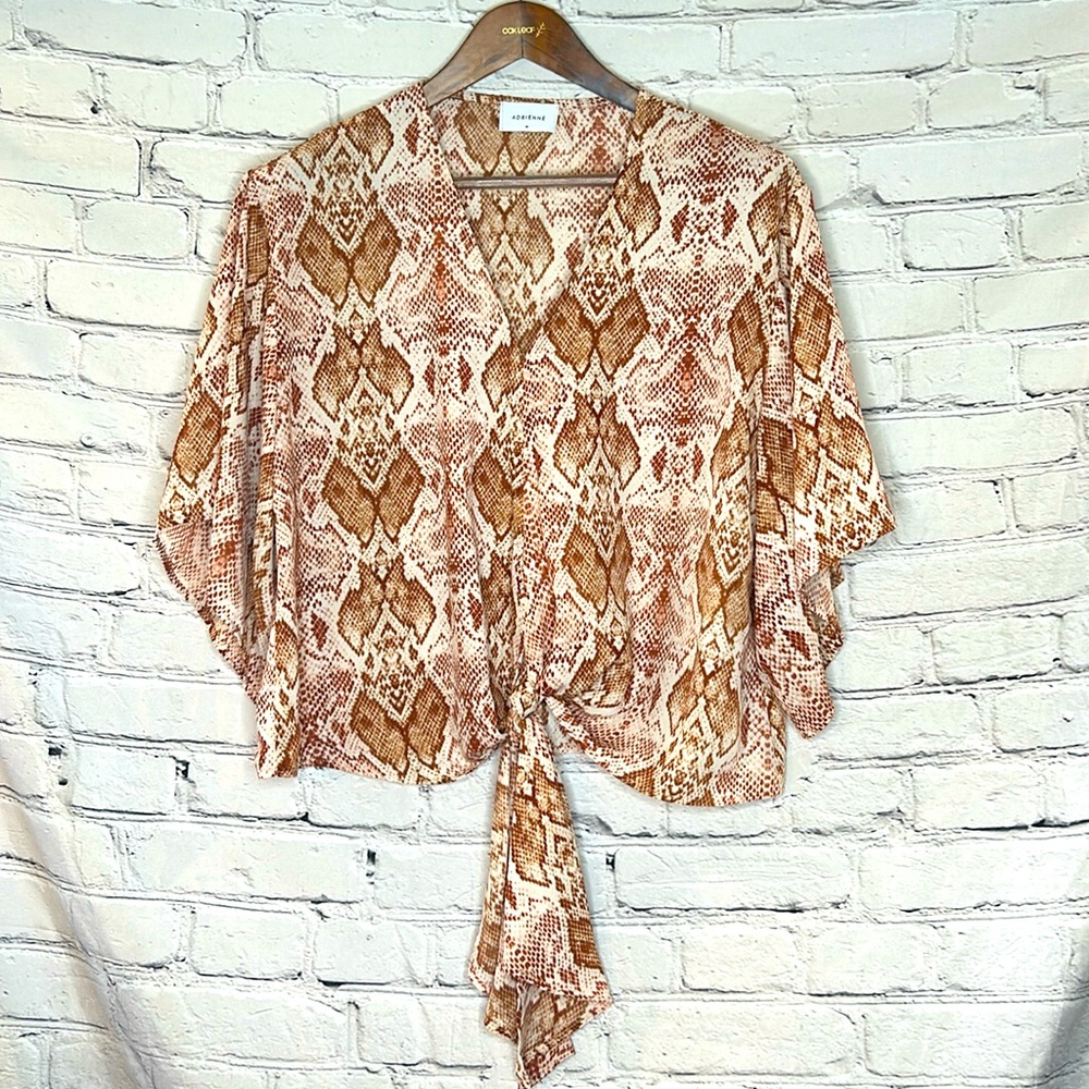 Adrienne Pink Brown Snakeskin V-Neck Tie At Front Top Size M Excellent Condition